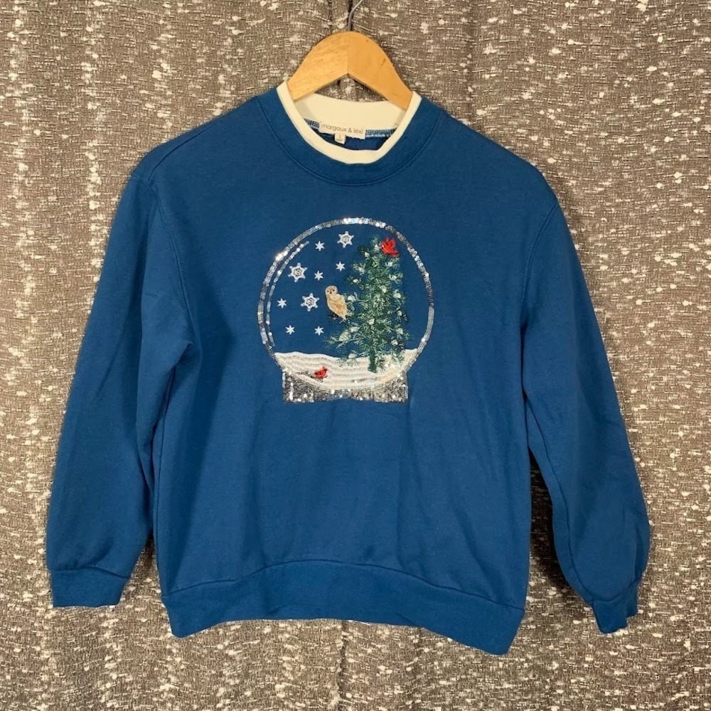 Margaux & Lexi Christmas Snow Globe Pullover Sweatshirt Embroidered Womens Small